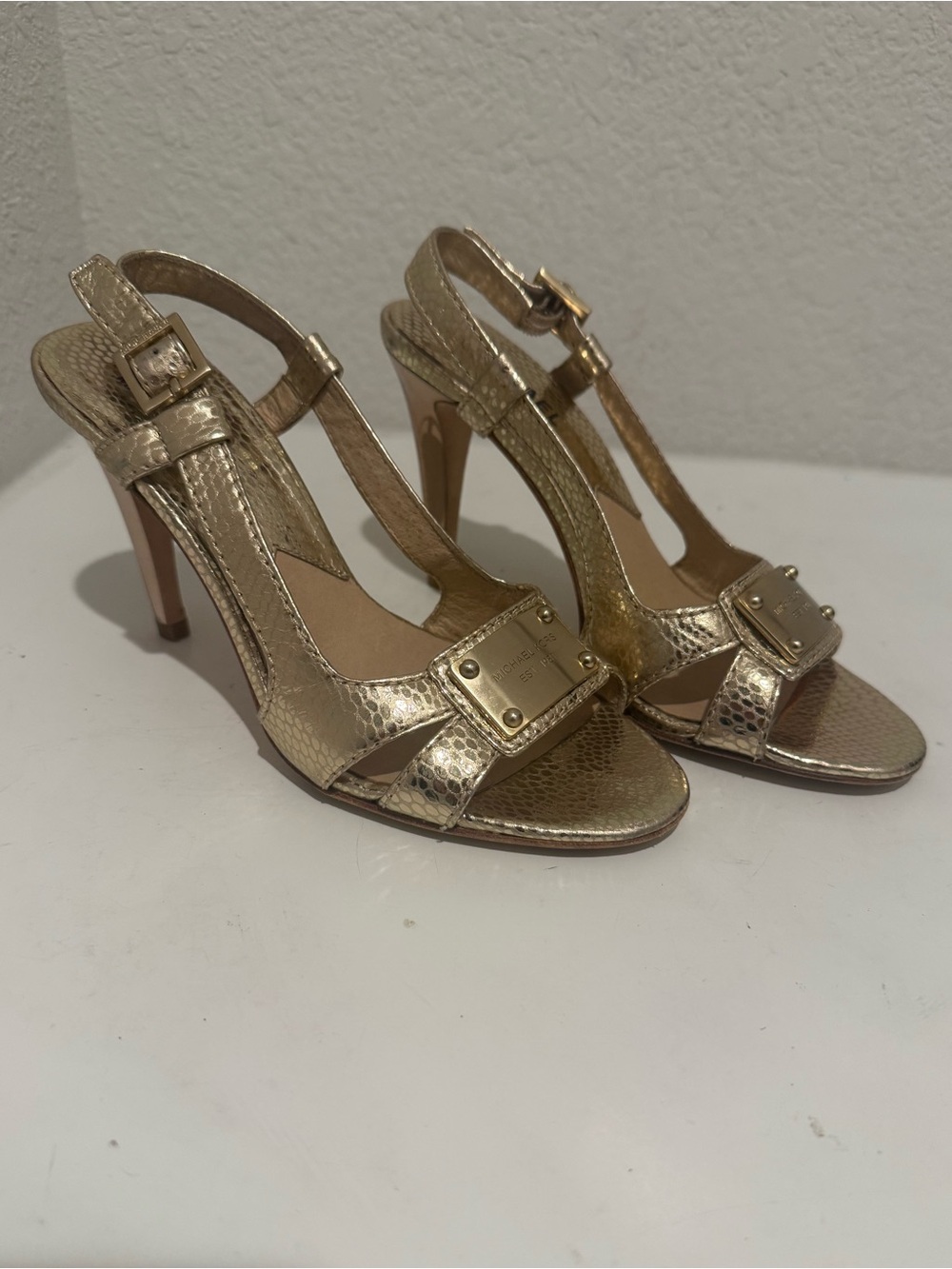 MICHAEL Michael Kors Metallic Gold Snake-Embossed Leather Slingback Heel Sandals